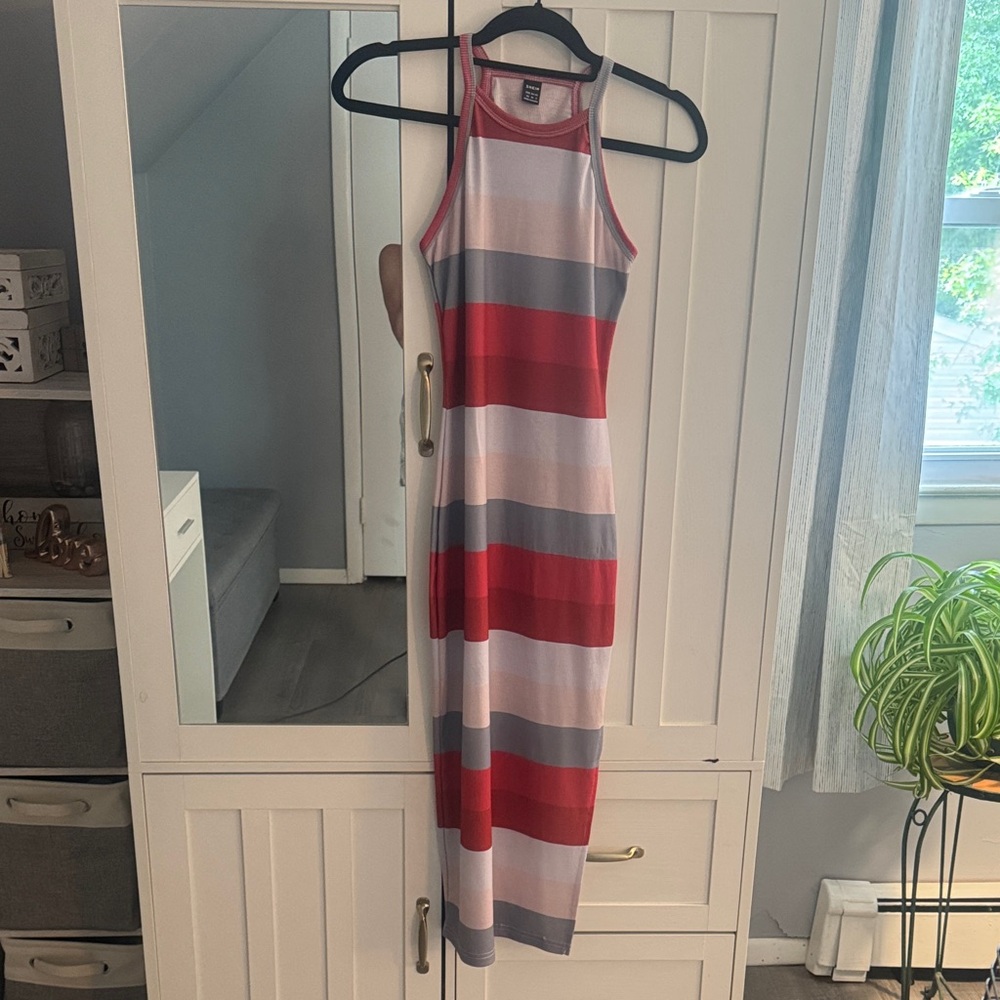 SHEIN Red, Gray & White Striped Halter Maxi Dress